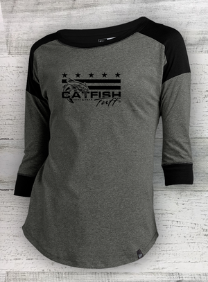 HD Fish - Mericana -Ladies Heritage Blend Black Twist 3/4-Sleeve Baseball Raglan Tee - Catfish, Walleye, Crappie, Bass