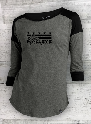 HD Fish - Mericana -Ladies Heritage Blend Black Twist 3/4-Sleeve Baseball Raglan Tee - Catfish, Walleye, Crappie, Bass